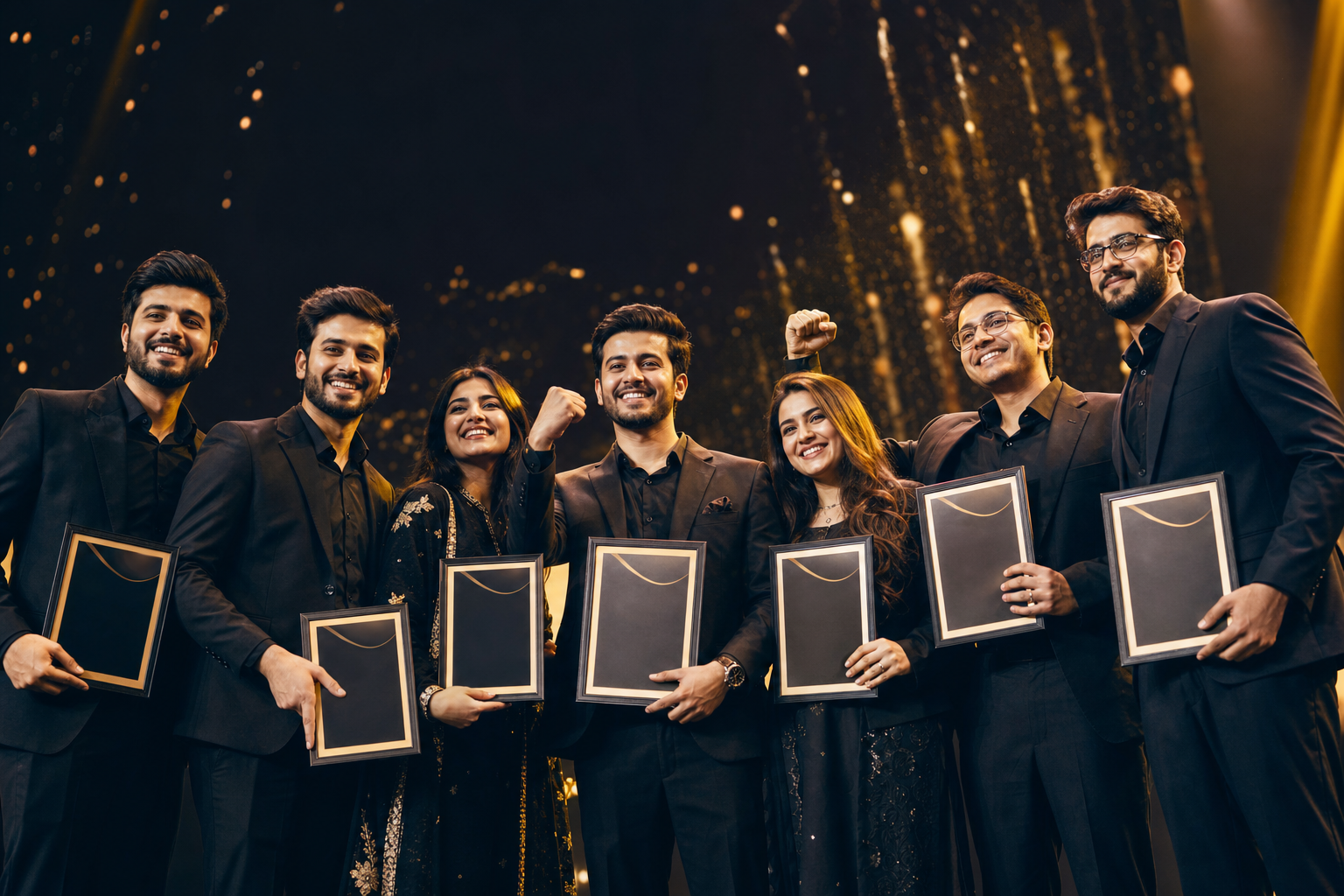 Young entrepreneurs celebrating on stage with awards